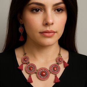 Women’s Gold-Tone Oval Pendant Necklace – Burgundy, Gray Stones & Pom-Pom Accent